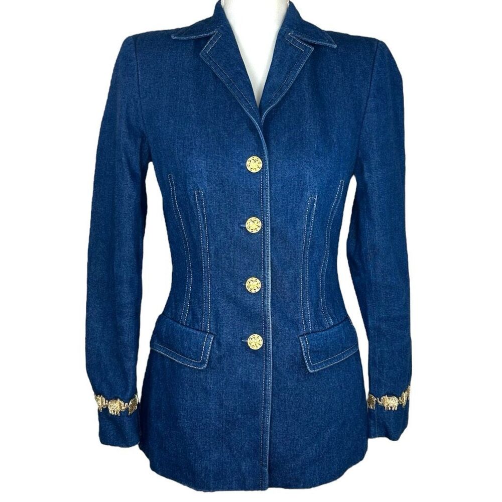 Escada Margaretha Ley 34 Denim Blazer Jacket Gold Elephant Trim Buttons US 4